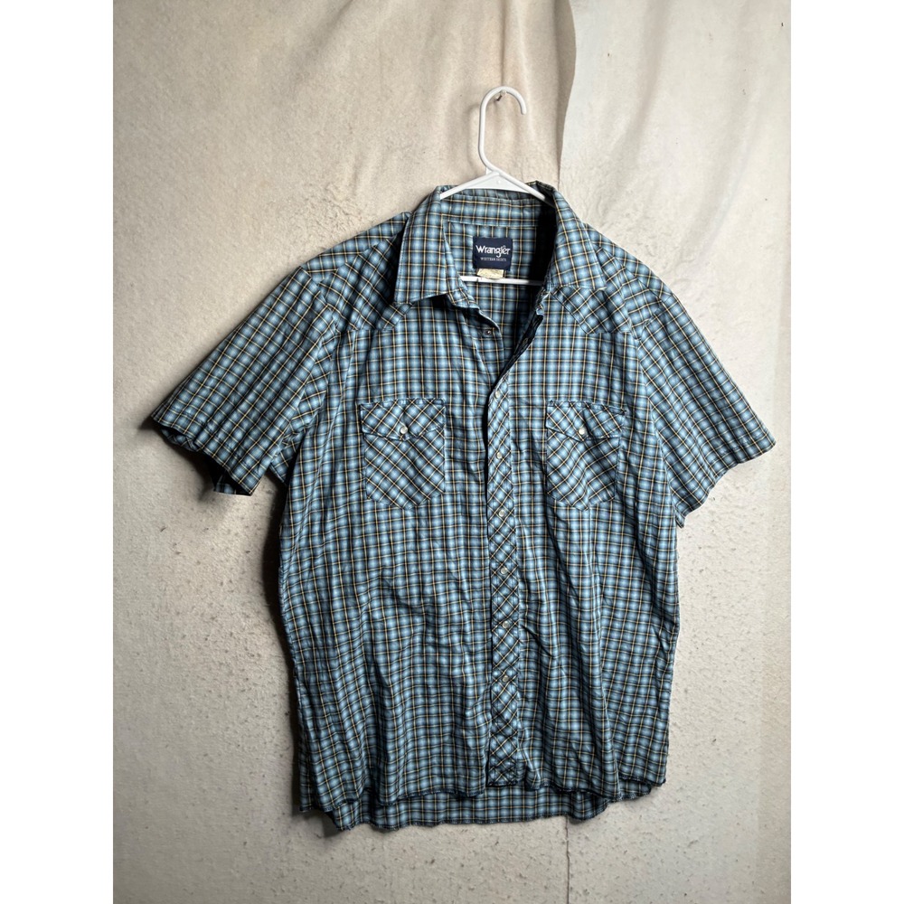 Wrangler Western Shirt Mens XLT Blue Plaid Pearl Snap Short Sleeve 76932PP